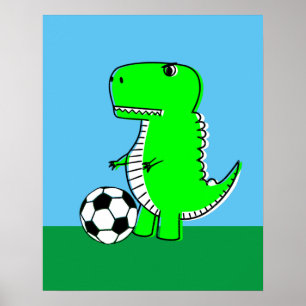 Green Dinosaur Loves Soccer Poster