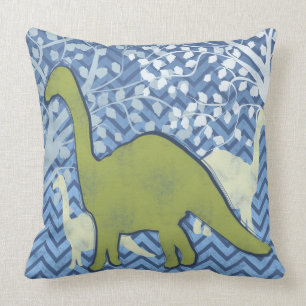 Green Dinosaur on Zigzag Chevron - Blue and White Cushion