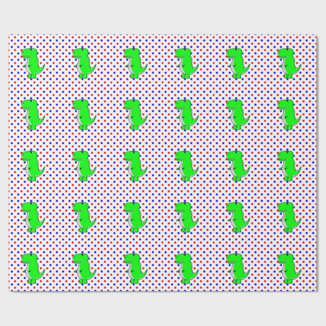 Green Dinosaur Red Blue Polka Dots  Wrapping Paper (Flat)
