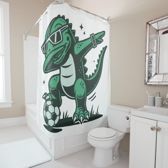 Green Dinosaur Shower Curtain (In Situ)