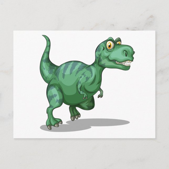 Green dinosaur standing alone on white postcard (Front)