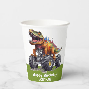 Green Dinosaur T-Rex Monster Truck theme Paper Cups