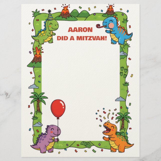 Green Dinosaur Themed Personal Name Mitzvah Note Custom Letterhead (Front)