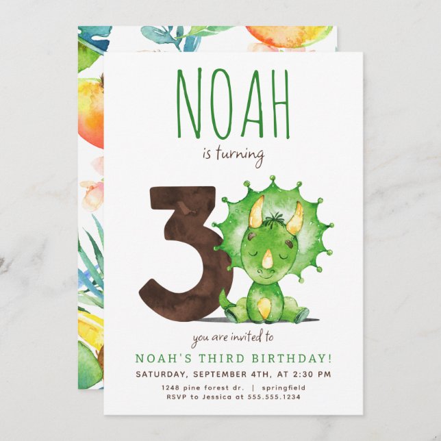 Green Dinosaur Third Birthday Invitation (Front/Back)