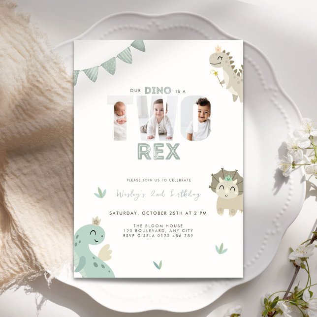 Green Dinosaur Two Rex 2nd Birthday Photo  Invitation (Dinosaur two tex 2nd birthday invitation for boys)