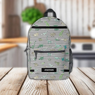 Green Dinosaurs with Black and White Stripes Printed Backpack