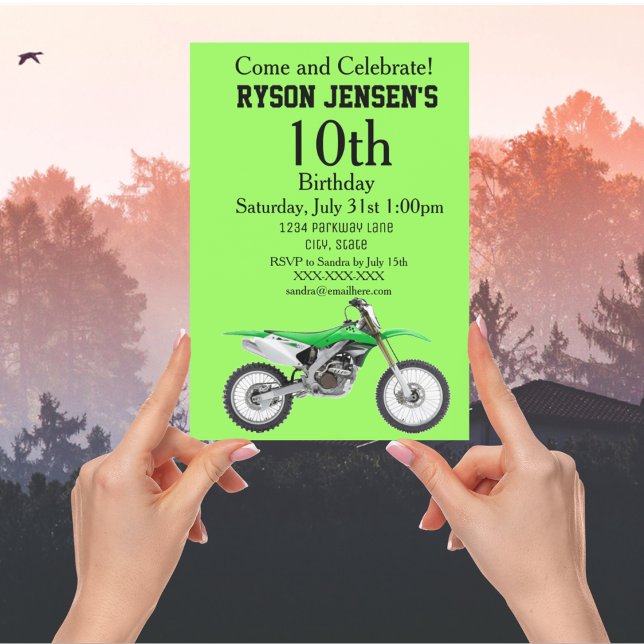 Green Dirt Bike Sports Boy Birthday Invitations (Creator Uploaded)