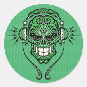 Green DJ Sugar Skull Classic Round Sticker