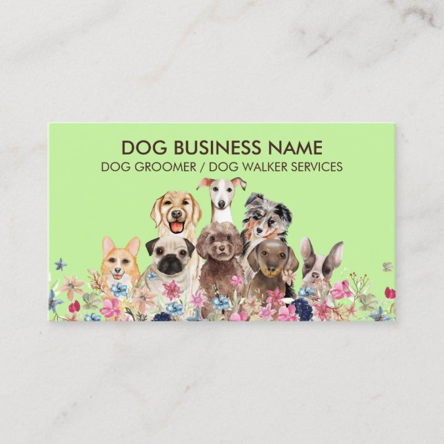 Green Dog grooming boutique pet sitter puppies Business Card (Front)