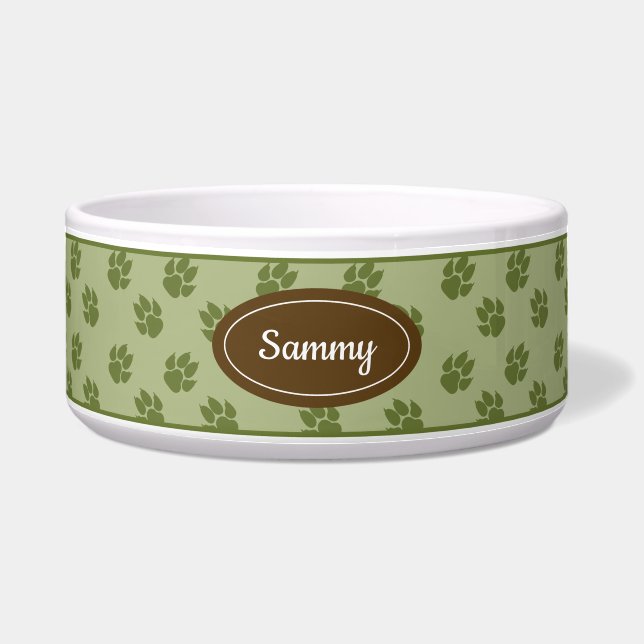 Green Dog Paws Pattern Brown Name Badge Rustic Pet (Front)