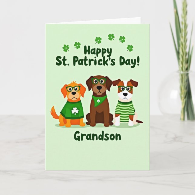 Green Dog Shamrocks Grandson Card (Front)