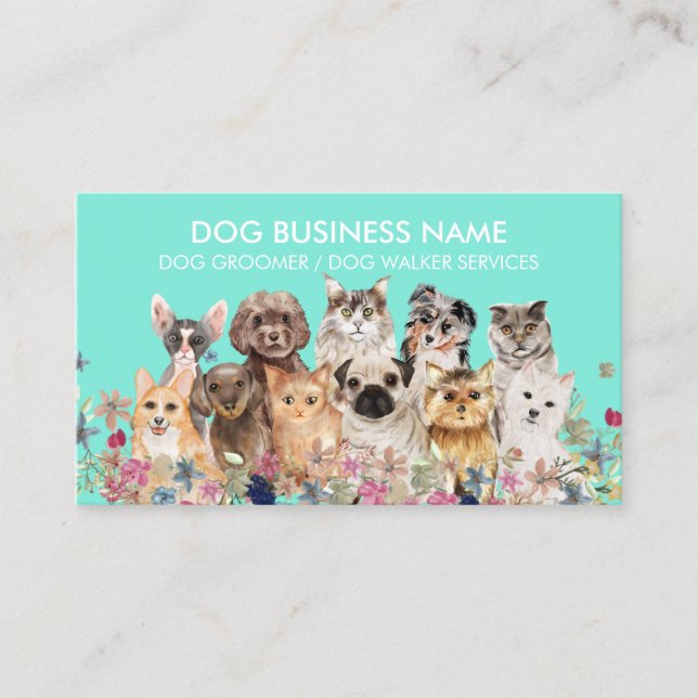 Green Dogs Cats Breeds Grooming Service Business Card (Front)