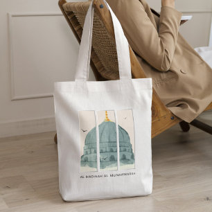 Green Dome of Masjid an-Nabi Watercolor Triptych Tote Bag