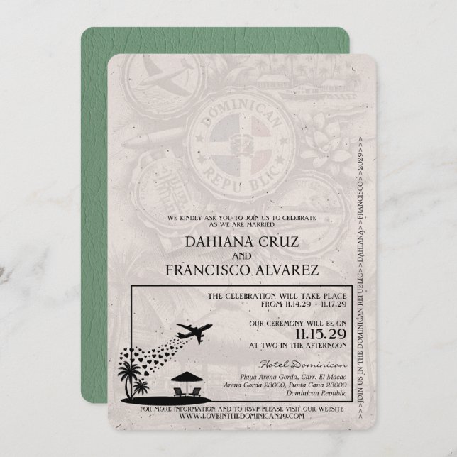 Green Dominican Republic Passport Wedding Invitation (Front/Back)