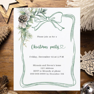 Green doodle bow pine Christmas Party invitation