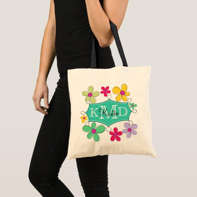 Green Doodle Frame Floral Personalised Monogram Tote Bag (Front (Product))