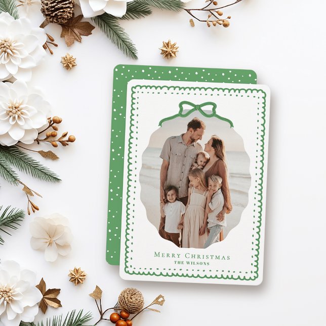 Green Doodle Frames & Bow Photo Christmas Holiday Card (Creator Uploaded)