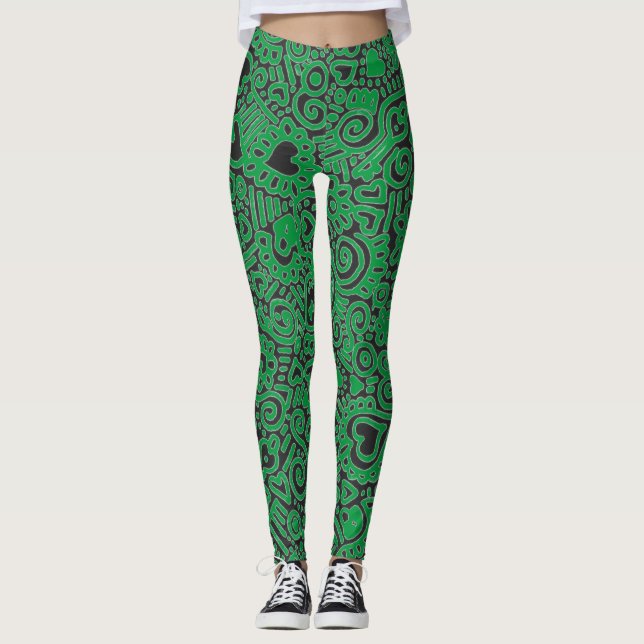 Green Doodle Pattern Leggings (Front)