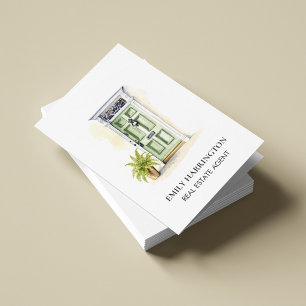 Green Door Watercolor QR Code Real Estate Agent Business Card
