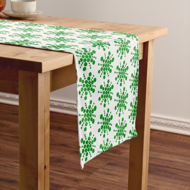Green dotted stars on white short table runner (In Situ)