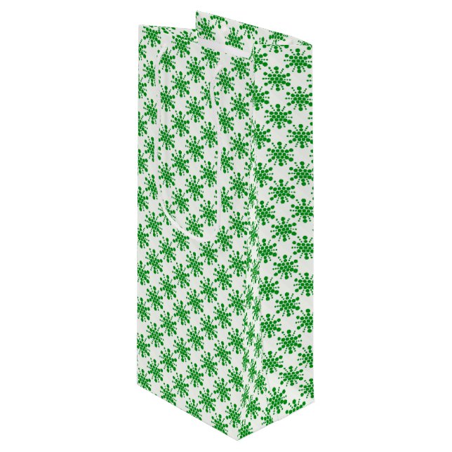 Green dotted stars on white wine gift bag (Front Angled)