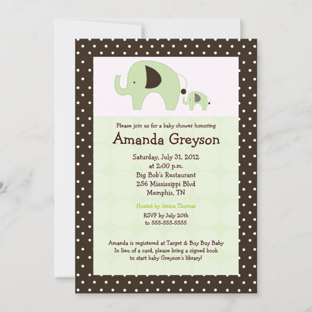 Green Dottie Elephant 5x7 Baby Shower Invitation (Front)