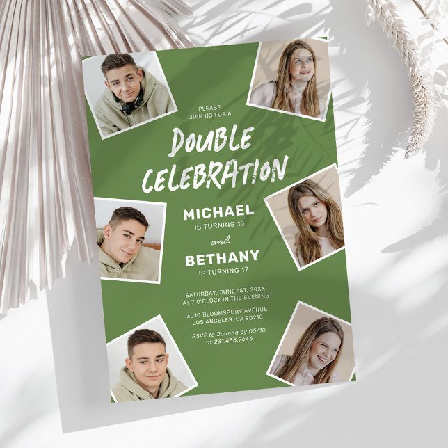 Green Double Birthday Photo Invitation (Creator Uploaded)
