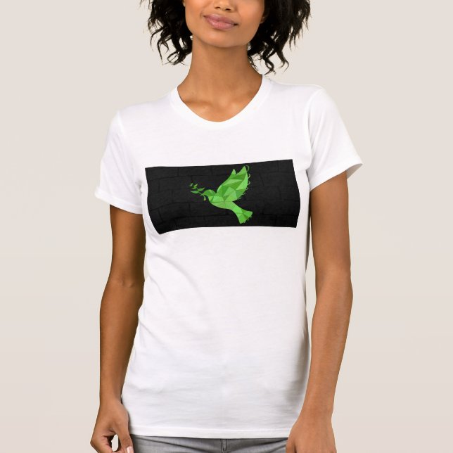 Green dove with olive branch on black background T-Shirt (Front)