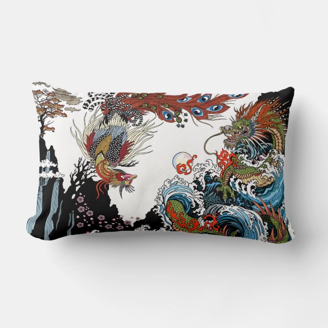 Green dragon and Feng Huang. Illustration Lumbar Cushion (Front)