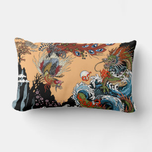 Green dragon and Feng Huang. Illustration Lumbar Cushion