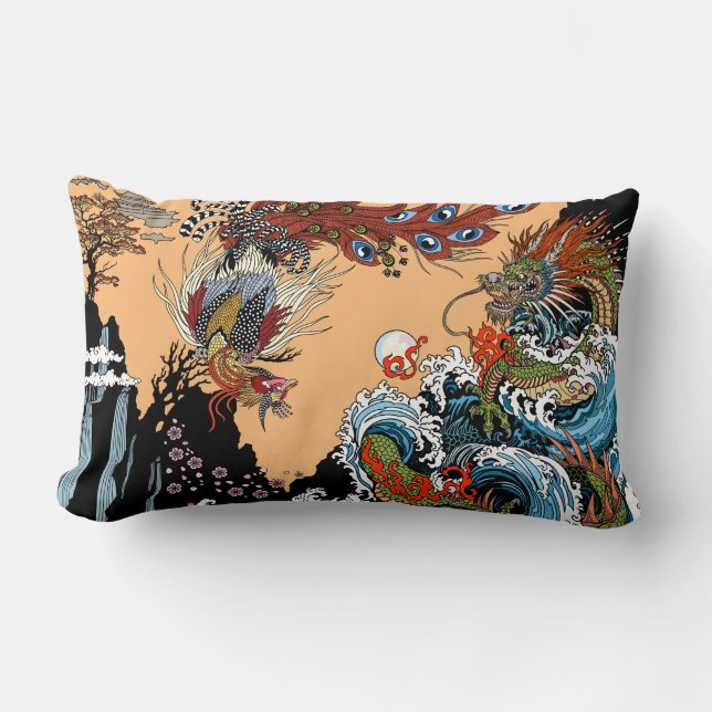 Green dragon and Feng Huang. Illustration Lumbar Cushion (Front)