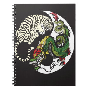 green dragon and white tiger yin yang symbol spiral notebook