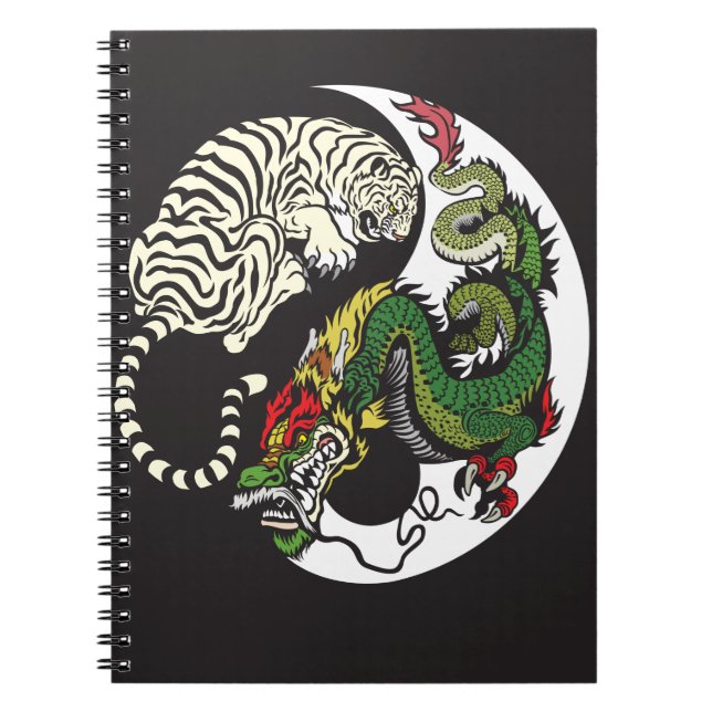 green dragon and white tiger yin yang symbol spiral notebook (Front)