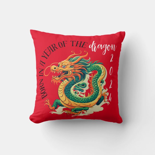 green Dragon birth stat red Chinese Year Cushion (Front)