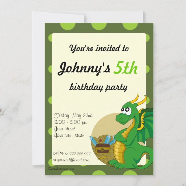 Green dragon cartoon birthday print invitations (Front)