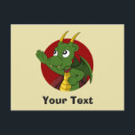 Green dragon cartoon postcard<br><div class="desc">Personalised Postcard with illustration of head of a cute little green flying dragon,  in red circle,  cute fantasy / fairy-tale design for kids by Maxi Harmony</div>