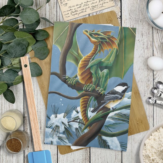 Green Dragon Chickadees Winter Tea Towel (Creator Uploaded)