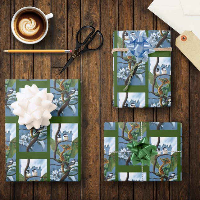 Green Dragon Chickadees Winter Wrapping Paper Sheet (Creator Uploaded)