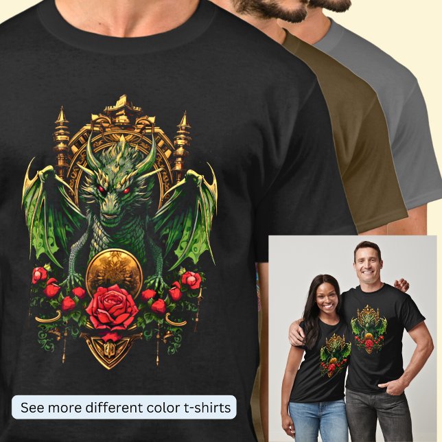 Green Dragon on Gold Throne with Red Flowers  T-Shirt (Creator Uploaded)
