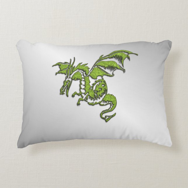 Green Dragon on Silver Decorative Cushion (Front)