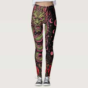 Green Dragon, Red Rose Tattoo, Fierce Fantasy Leggings