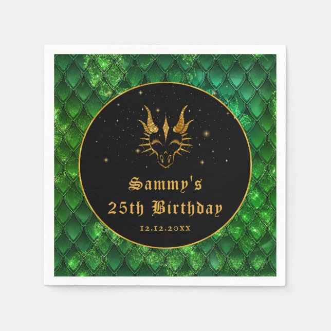 Green Dragon Scales Gold Faux Glitter Birthday Napkin (Front)
