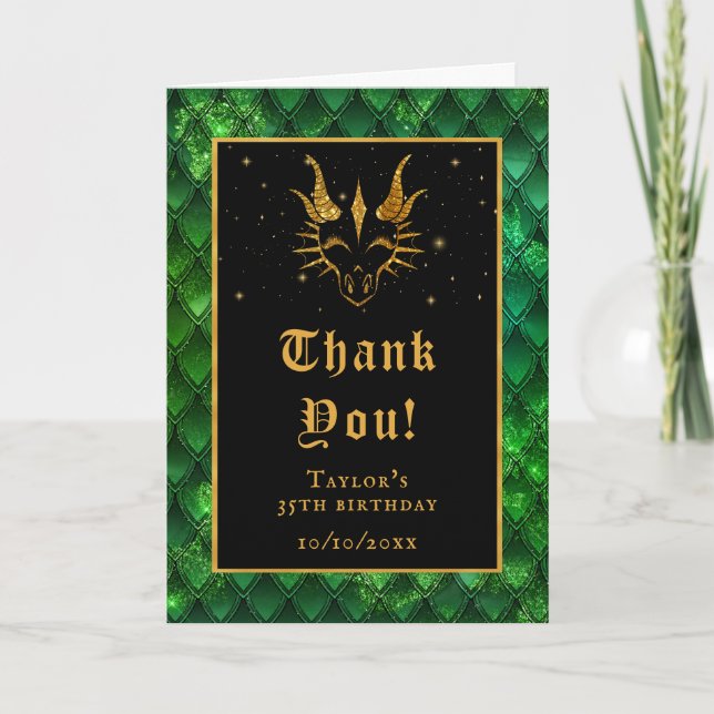 Green Dragon Scales Gold Faux Glitter Birthday Thank You Card (Front)