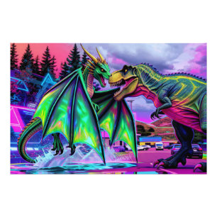 Green Dragon vs Dinosaur Photo Print