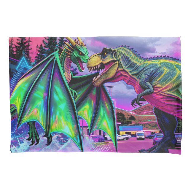 Green Dragon vs Dinosaur Pillowcase (Front)