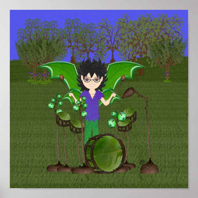 Green Dragon Winged Drummer Boy Faerie Poster (Front)