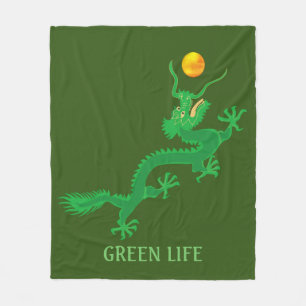 Green Dragon with Golden Sun Ball on Green Fleece Blanket