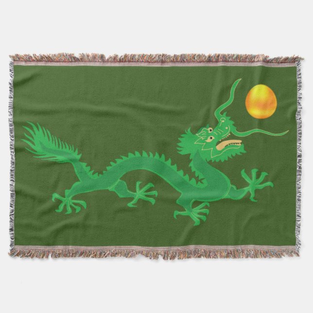 Green Dragon with Golden Sun Ball on Green Throw Blanket (Front)