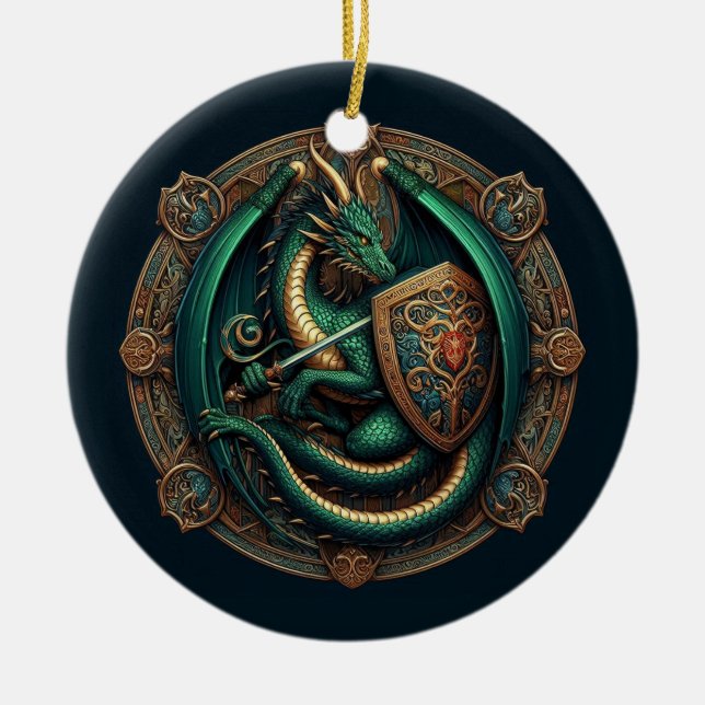 Green Dragon with Sword Ceramic Tree Decoration (Front)