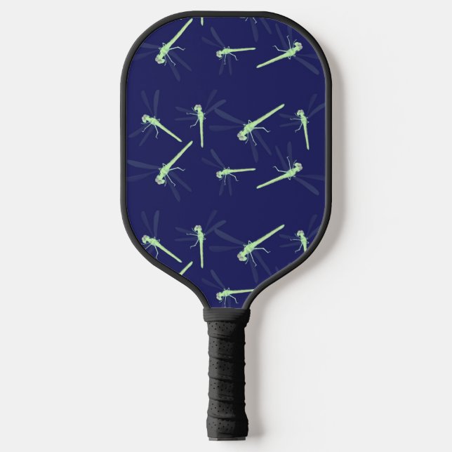 Green dragonflies on blue pickleball paddle (Front)